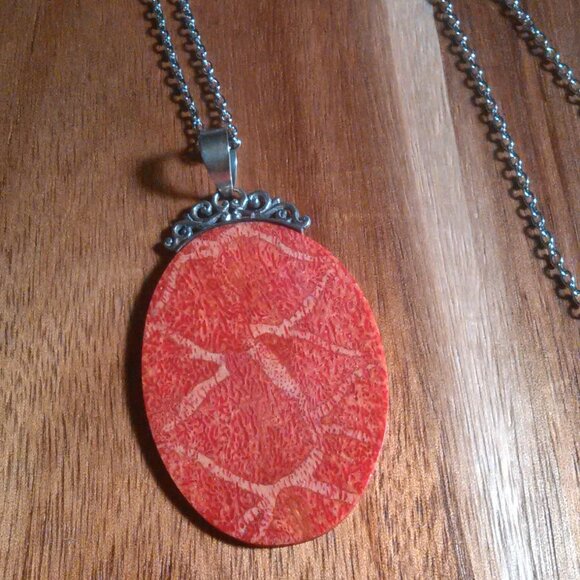 Red Sponge Coral Sterling Silver Pendant Stainless Steel Necklace - Picture 5 of 14